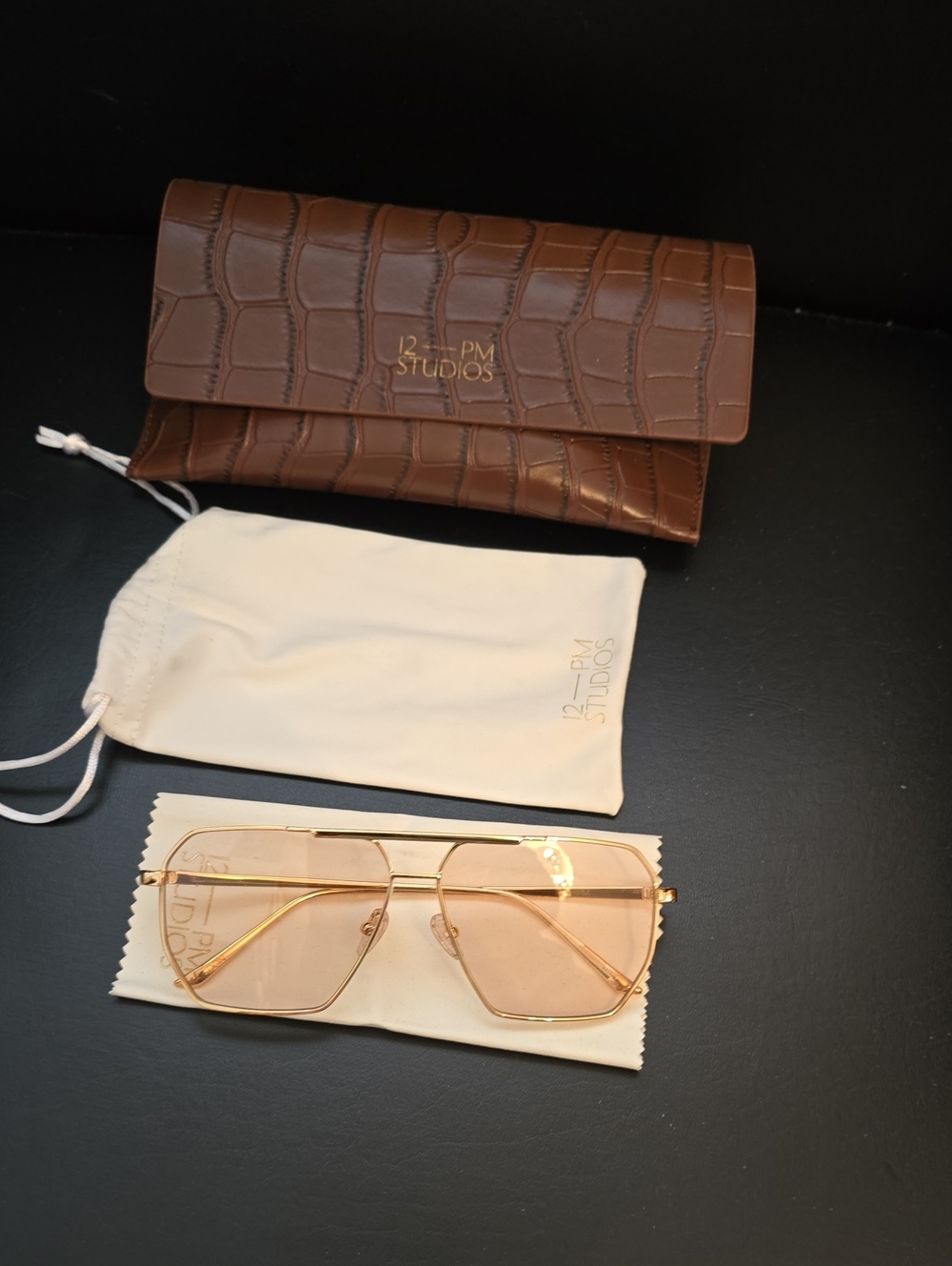 12PM Studios brown lens with gold frame unisex sunglasses. London Brown.